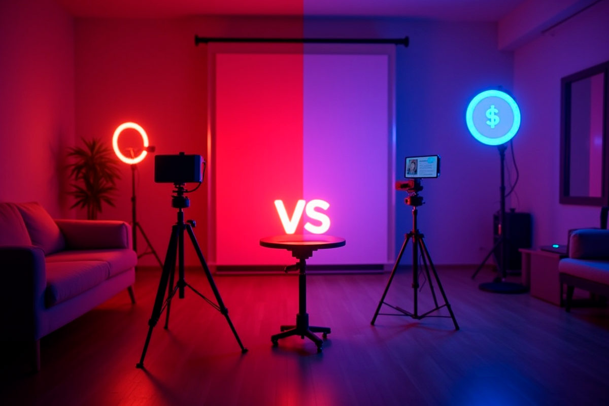 Estúdio dividido em luz vermelha e azul com câmeras e ring lights, representando comparação entre Camera Prive e Chaturbate.
