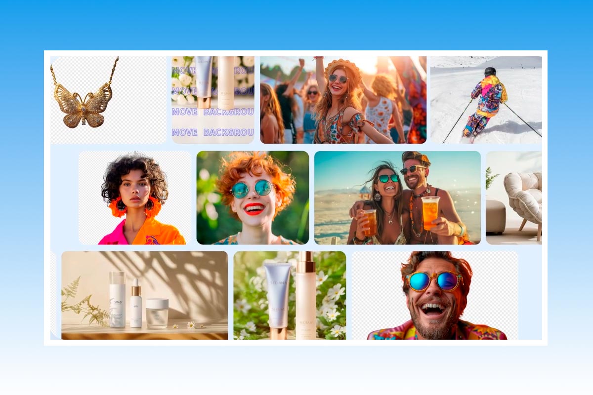 Exemplos de fotos editadas com inteligência artificial, incluindo remoção de fundo, correção de cores, retratos, produtos e imagens de lifestyle.