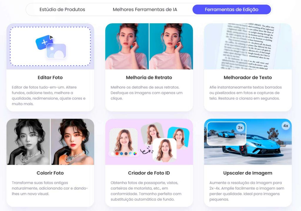 Ferramentas de edição com inteligência artificial incluindo editar foto, melhoria de retrato, melhorador de texto, colorir foto, criador de foto ID e upscaler de imagem.