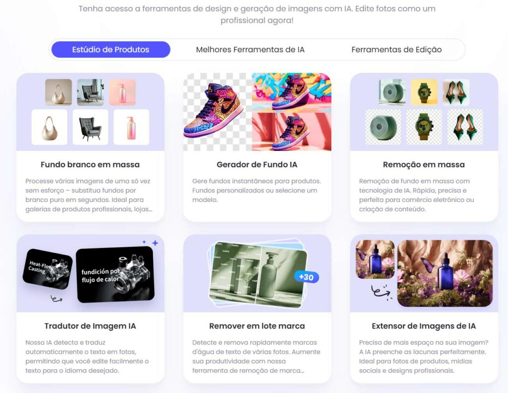Interface mostrando ferramentas de edição de imagens com IA, incluindo fundo branco em massa, gerador de fundo, remoção em massa, tradutor de imagem, remoção de marca d’água e extensor de imagens.