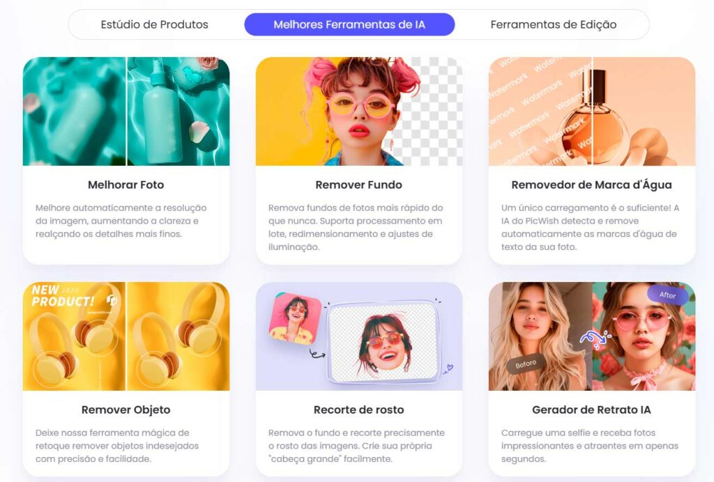 Interface com ferramentas de inteligência artificial para edição de fotos, incluindo melhorar foto, remover fundo, removedor de marca d’água, remover objeto, recorte de rosto e gerador de retrato.