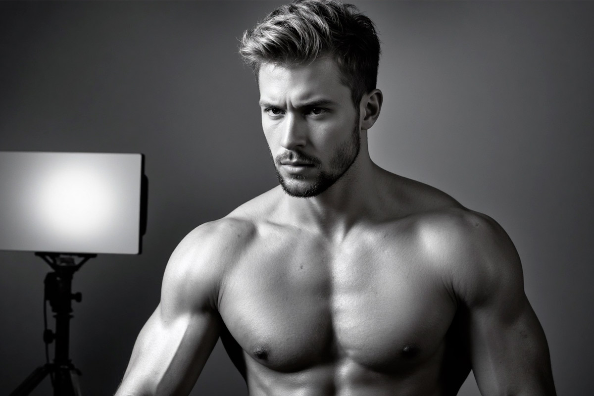 Homem forte e sério em estúdio iluminado, representando streamers masculinos no Chaturbate.