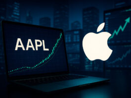 Laptop exibindo o ticker AAPL com gráfico em alta, ao lado do logotipo da Apple iluminado, representando investimento em ações da Apple.