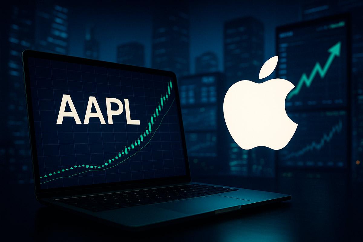 Laptop exibindo o ticker AAPL com gráfico em alta, ao lado do logotipo da Apple iluminado, representando investimento em ações da Apple.