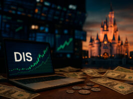 Laptop com gráfico do ticker DIS em alta, notas de dólar sobre a mesa e castelo da Disney ao fundo, representando investimento em ações da Disney.