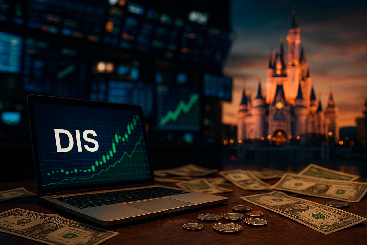 Laptop com gráfico do ticker DIS em alta, notas de dólar sobre a mesa e castelo da Disney ao fundo, representando investimento em ações da Disney.