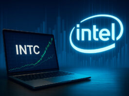 Laptop exibindo o ticker INTC com gráfico em alta, ao lado do logotipo iluminado da Intel, simbolizando investimento em ações da Intel.