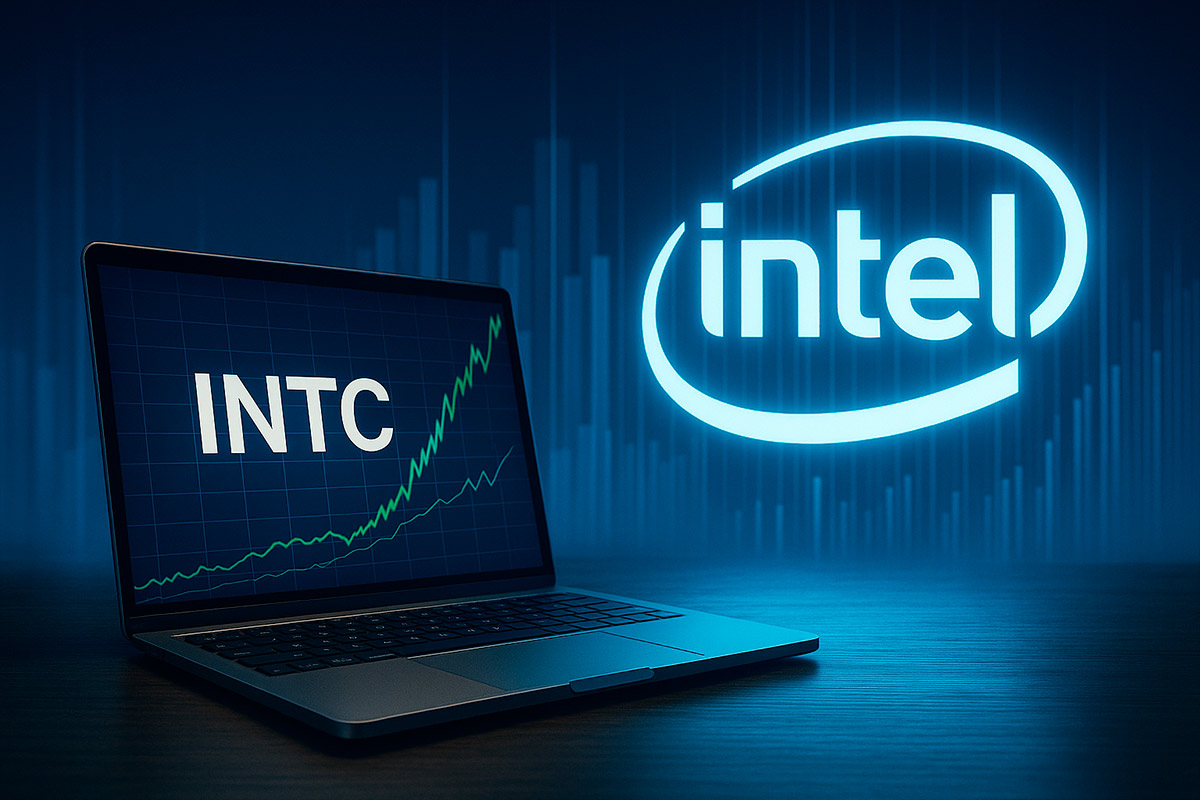 Laptop exibindo o ticker INTC com gráfico em alta, ao lado do logotipo iluminado da Intel, simbolizando investimento em ações da Intel.