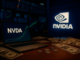 Como comprar ações da NVIDIA (NVDA) e investir no exterior: guia completo para brasileiros Laptop exibindo o ticker NVDA com gráfico em alta, notas de dólar sobre a mesa e logotipo da NVIDIA iluminado ao fundo, simbolizando investimento em ações da NVIDIA.