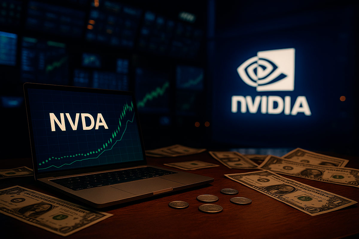 Laptop exibindo o ticker NVDA com gráfico em alta, notas de dólar sobre a mesa e logotipo da NVIDIA iluminado ao fundo, simbolizando investimento em ações da NVIDIA.