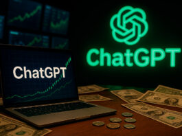 Como investir em ChatGPT e OpenAI: guia completo para brasileiros Laptop exibindo gráfico com ChatGPT em destaque, notas de dólar sobre a mesa e logotipo iluminado do ChatGPT ao fundo, simbolizando investimento em inteligência artificial.