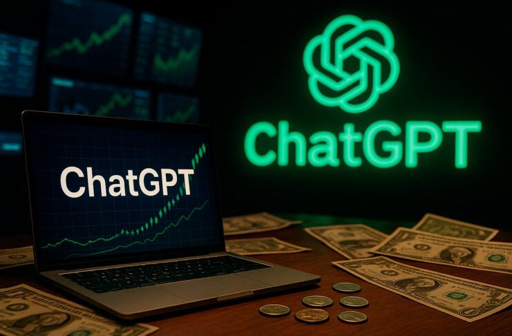 Laptop exibindo gráfico com ChatGPT em destaque, notas de dólar sobre a mesa e logotipo iluminado do ChatGPT ao fundo, simbolizando investimento em inteligência artificial.