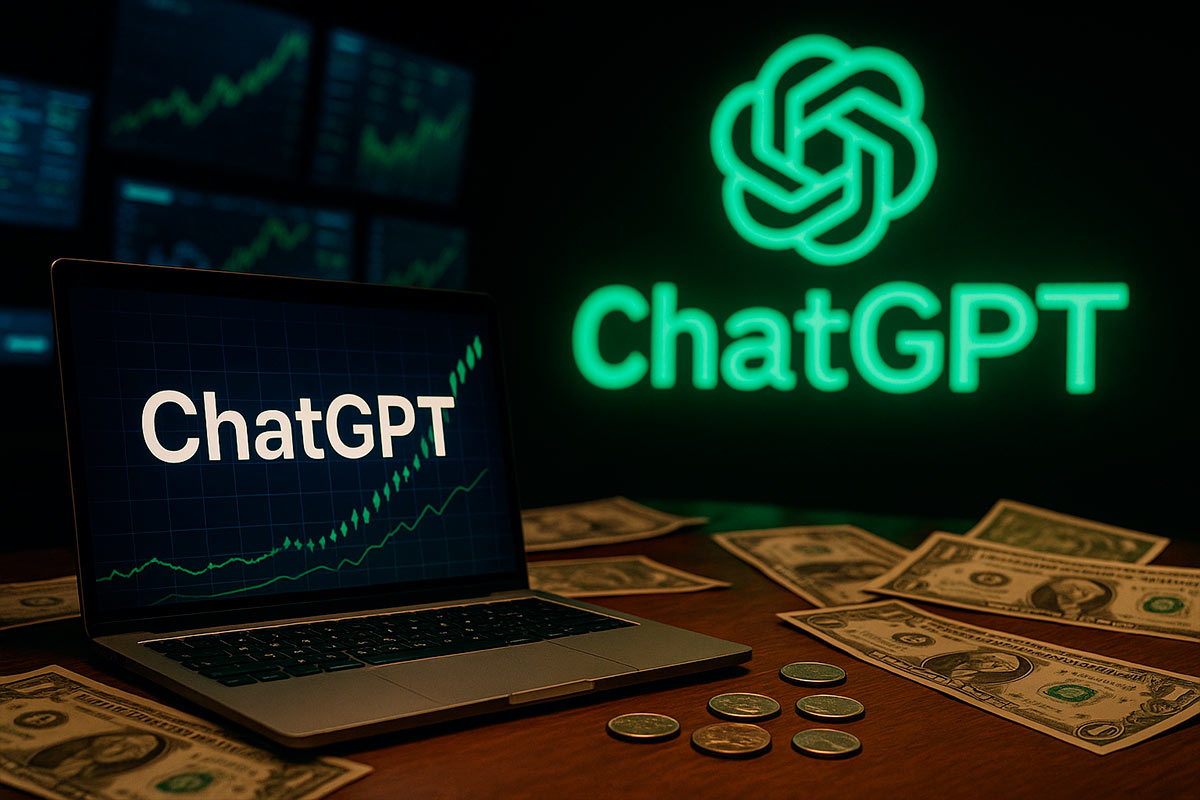 Laptop exibindo gráfico com ChatGPT em destaque, notas de dólar sobre a mesa e logotipo iluminado do ChatGPT ao fundo, simbolizando investimento em inteligência artificial.