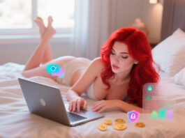 Camgirl no Brasil: o que é, como começar, quanto ganha e como trabalhar com segurança (aprendizados de 8 anos) Mulher ruiva usando notebook na cama com ícones de chat, moedas, gráfico e cadeado sugerindo camming e segurança.