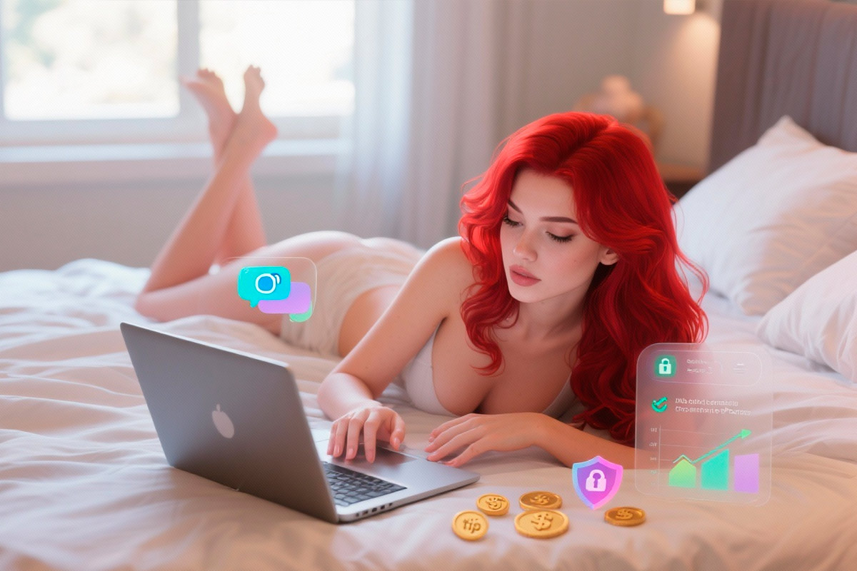 Mulher ruiva usando notebook na cama com ícones de chat, moedas, gráfico e cadeado sugerindo camming e segurança.