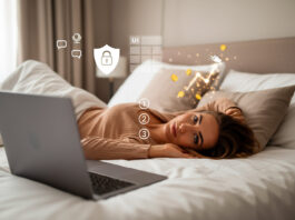 Camgirl: o que é, como começar, quanto ganha e como trabalhar com segurança Mulher deitada na cama, com notebook à frente, ícones sutis de webcam, chat, escudo e gráfico com moedas ao fundo, sugerindo o que é camgirl, como começar, ganhos e segurança.