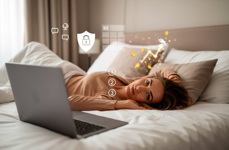 Mulher deitada na cama, com notebook à frente, ícones sutis de webcam, chat, escudo e gráfico com moedas ao fundo, sugerindo o que é camgirl, como começar, ganhos e segurança.
