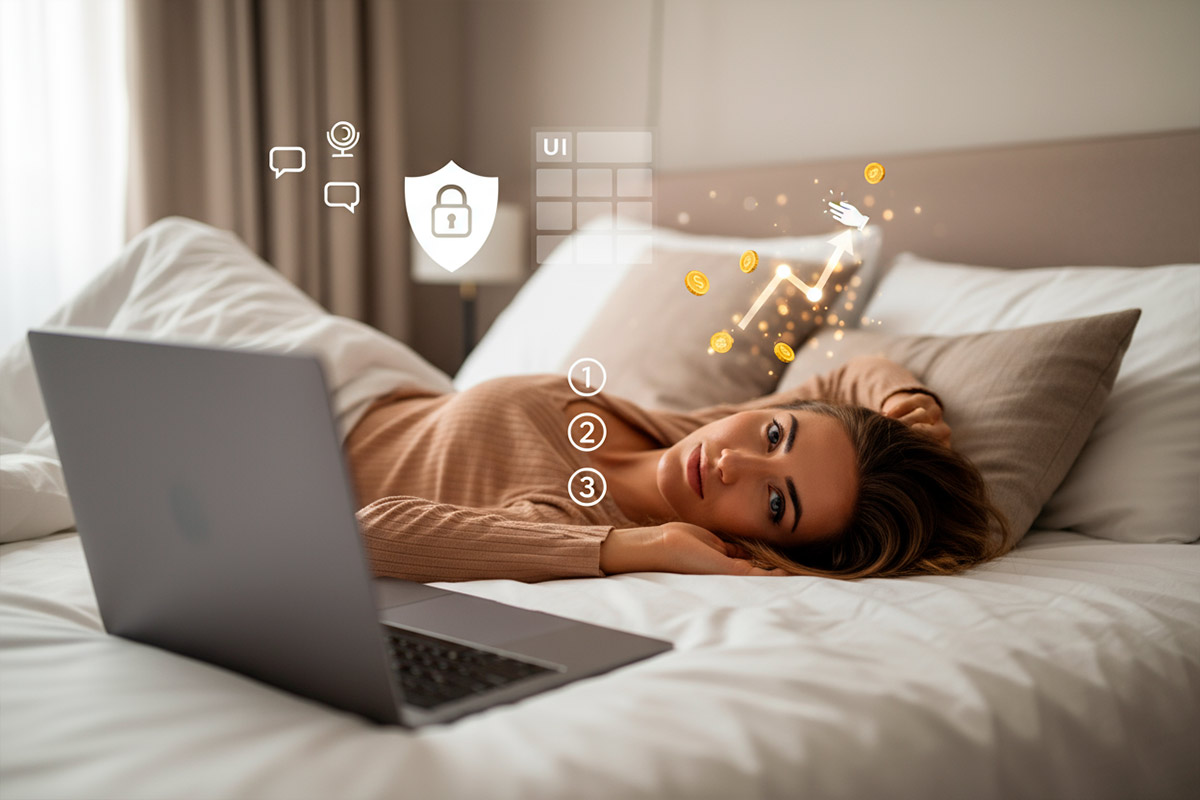 Mulher deitada na cama, com notebook à frente, ícones sutis de webcam, chat, escudo e gráfico com moedas ao fundo, sugerindo o que é camgirl, como começar, ganhos e segurança.