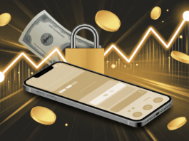 Qual o melhor lugar para guardar dinheiro para depois financiar um imóvel? Ilustração dourada com smartphone, moedas, cadeado e gráfico ascendente, simbolizando guardar dinheiro com segurança e crescimento.