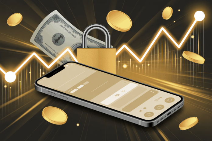 Ilustração dourada com smartphone, moedas, cadeado e gráfico ascendente, simbolizando guardar dinheiro com segurança e crescimento.