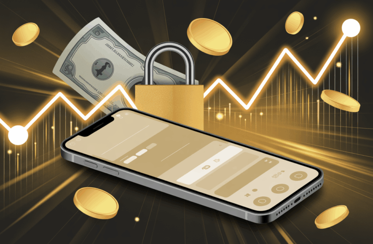 Ilustração dourada com smartphone, moedas, cadeado e gráfico ascendente, simbolizando guardar dinheiro com segurança e crescimento.