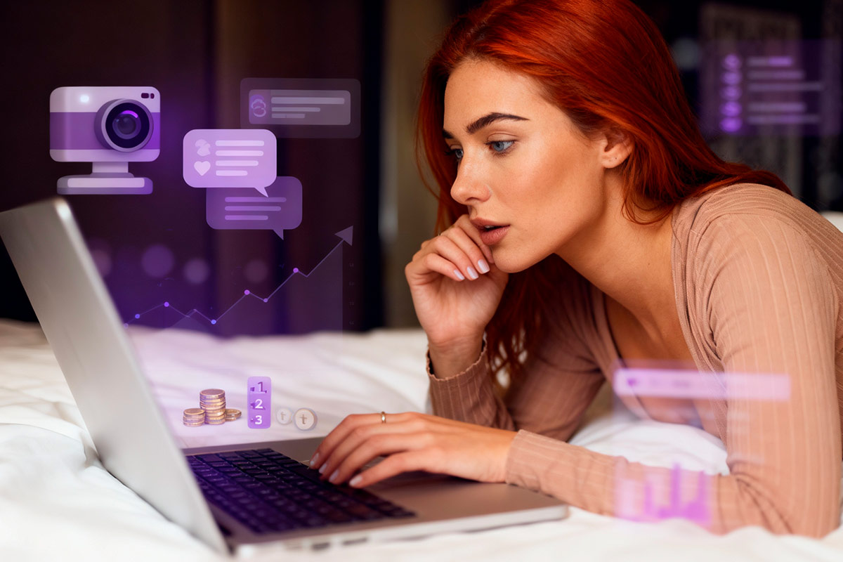 Mulher ruiva usando notebook na cama com ícones roxos de webcam, chat, moedas e gráfico de crescimento.
