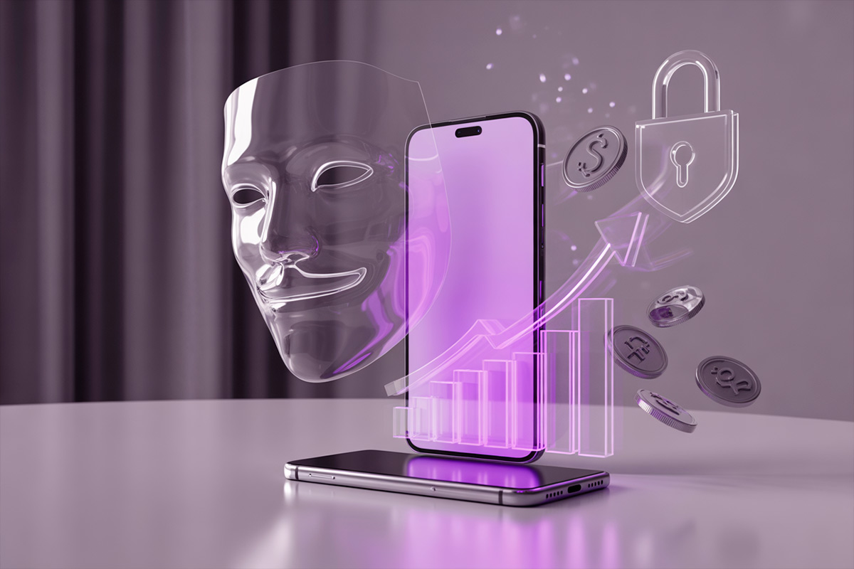 Capa editorial roxa com smartphone brilhando, máscara translúcida e cadeado estilizado sugerindo anonimato e privacidade.