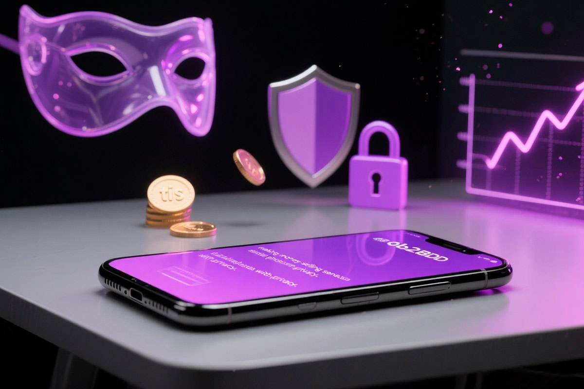 Smartphone com tela roxa ao lado de máscara translúcida, escudo e cadeado, moedas e gráfico ascendente em roxo, simbolizando anonimato e lucro.