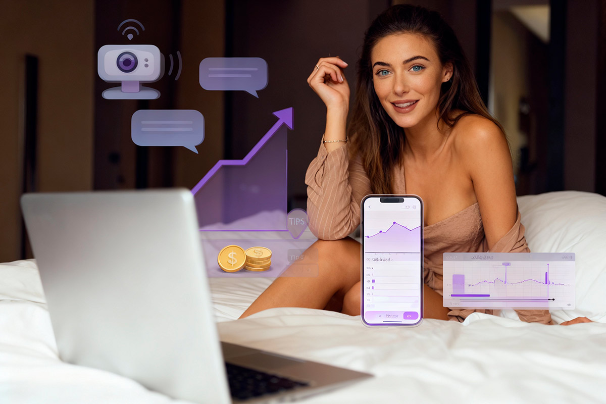 Mulher sorrindo em cama usando notebook, com ícones roxos de webcam, chat, gráfico de crescimento e painel de métricas no celular.