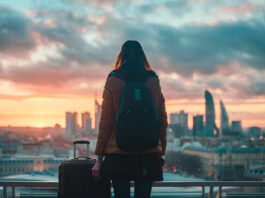 Como trabalhar em outro país: guia completo para brasileiros em 2026 Pessoa com mala e mochila observando uma cidade estrangeira ao entardecer, representando o conceito de trabalhar em outro país e carreira internacional