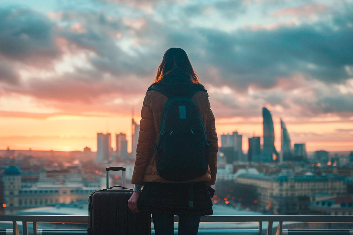 Pessoa com mala e mochila observando uma cidade estrangeira ao entardecer, representando o conceito de trabalhar em outro país e carreira internacional