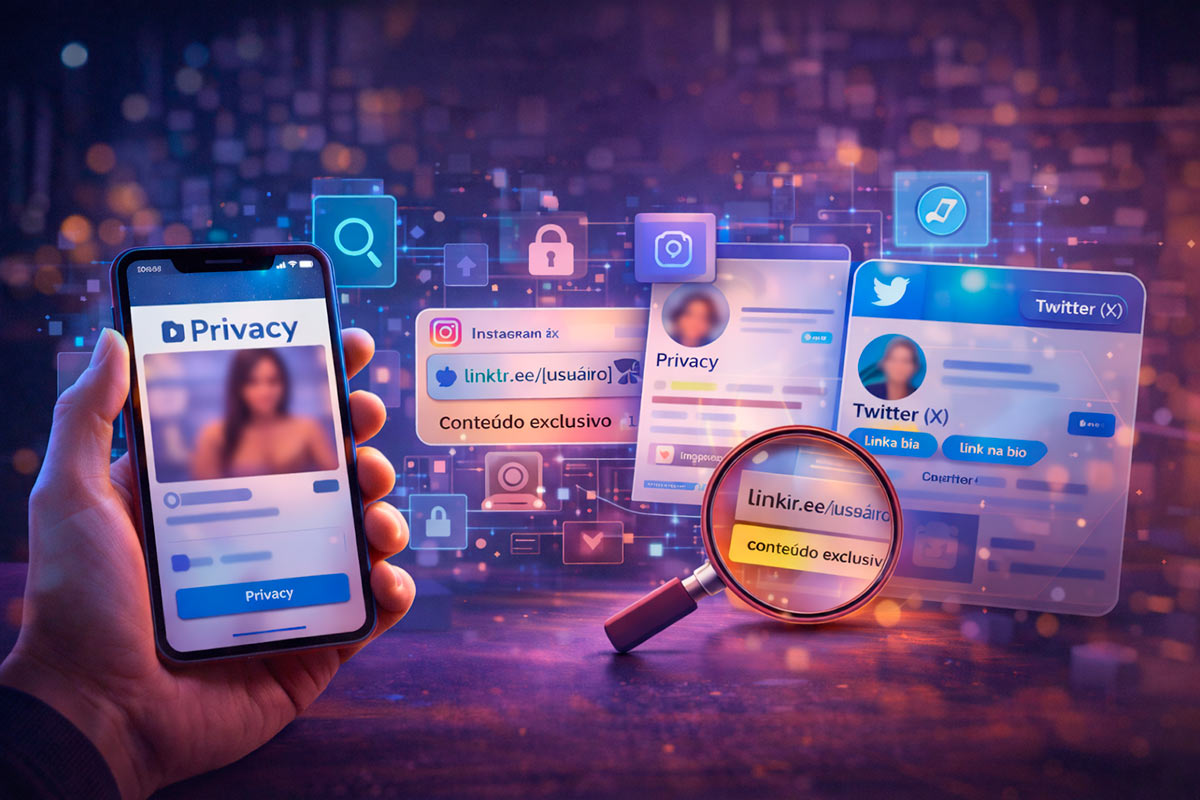 Pessoa segurando um smartphone com interface de plataforma digital desfocada, representando acesso anônimo e gratuito a conteúdo online com foco em privacidade.