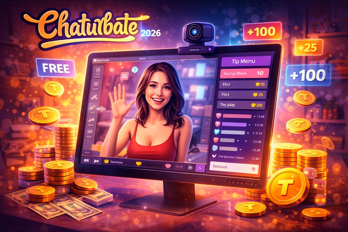 Ilustração digital de uma transmissão ao vivo no Chaturbate em 2026, mostrando interação por chat, gorjetas em tokens e visual moderno sem nudez.