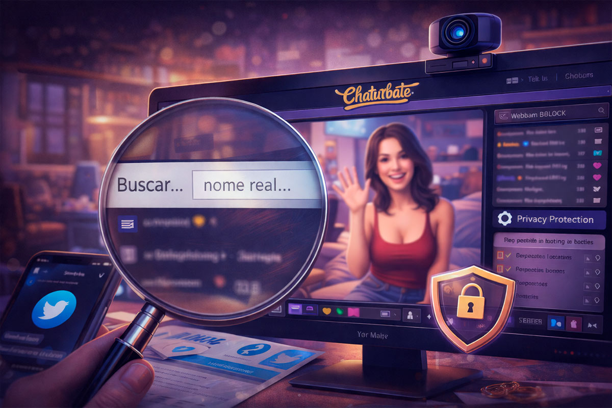 Ilustração realista mostrando uma transmissão ao vivo em plataforma de câmeras com foco em privacidade e busca anônima