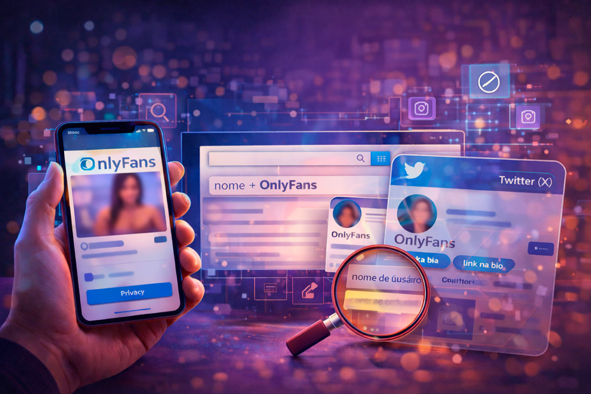 Pessoa utilizando smartphone para pesquisar perfis online de forma discreta, representando métodos para descobrir se alguém possui OnlyFans em 2026.