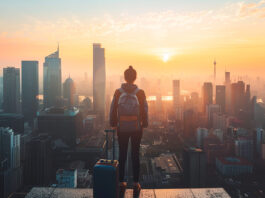 Como encontrar trabalho fora do Brasil: programas de incentivo, hospedagem gratuita e voluntariado Pessoa com mochila e mala observando uma grande cidade ao amanhecer, simbolizando a busca por trabalho fora do Brasil e carreira internacional