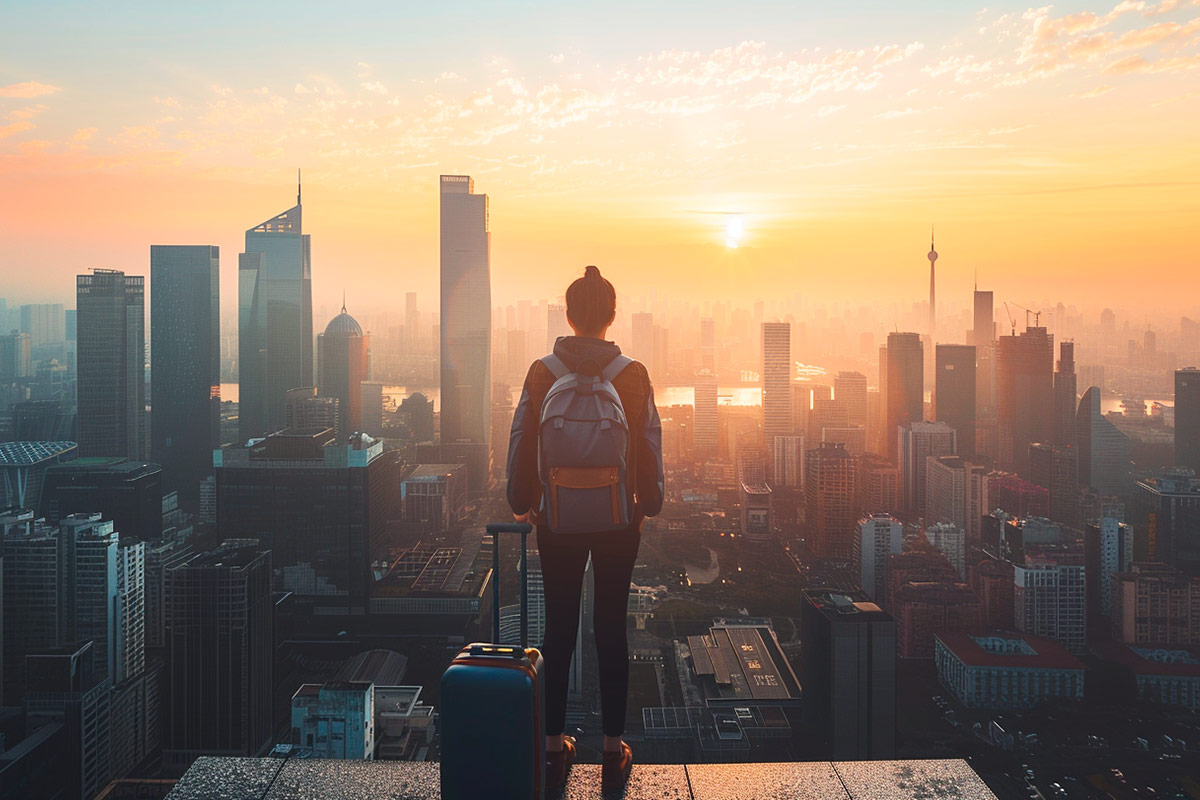Pessoa com mochila e mala observando uma grande cidade ao amanhecer, simbolizando a busca por trabalho fora do Brasil e carreira internacional