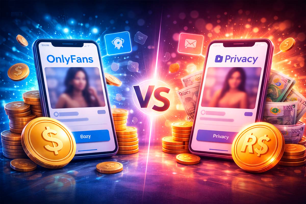 Comparação visual entre OnlyFans e Privacy em 2026, mostrando plataformas digitais de conteúdo adulto com foco em ganhos, interação e privacidade