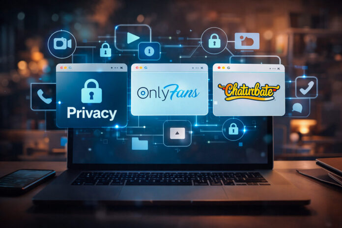 privacy-onlyfans-chaturbate-conteudo-gratis-2026 Comparação visual entre Privacy, OnlyFans e Chaturbate mostrando plataformas de conteúdo adulto acessadas em um laptop, com foco em privacidade e conteúdo gratuito em 2026.