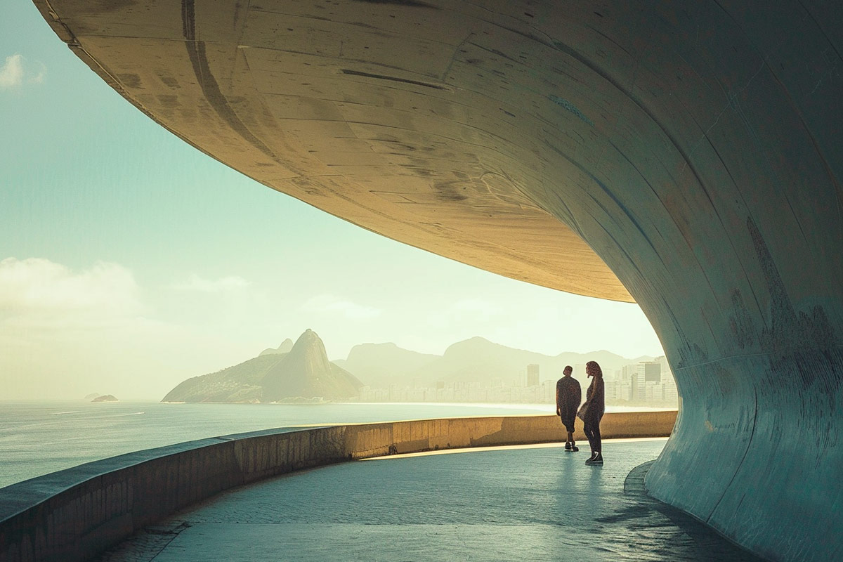 Pessoas caminhando por espaço de arquitetura contemporânea à beira-mar no Rio de Janeiro, com paisagem urbana e natural ao fundo
